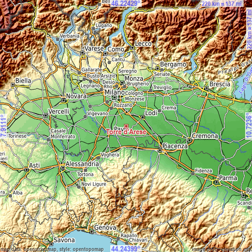 Topographic map of Torre d'Arese