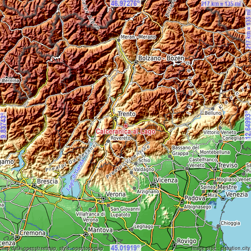 Topographic map of Calceranica al Lago