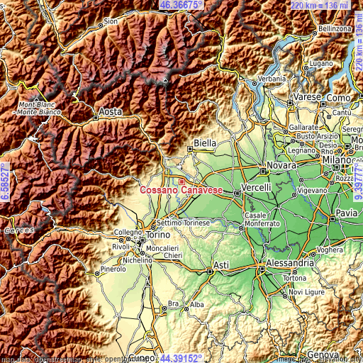 Topographic map of Cossano Canavese