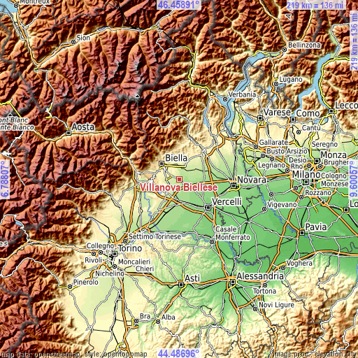 Topographic map of Villanova Biellese