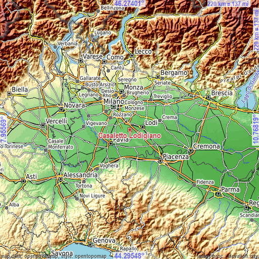 Topographic map of Casaletto Lodigiano