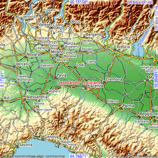 Topographic map of Ospedaletto Lodigiano