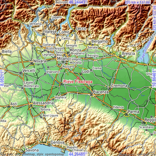 Topographic map of Pieve Fissiraga