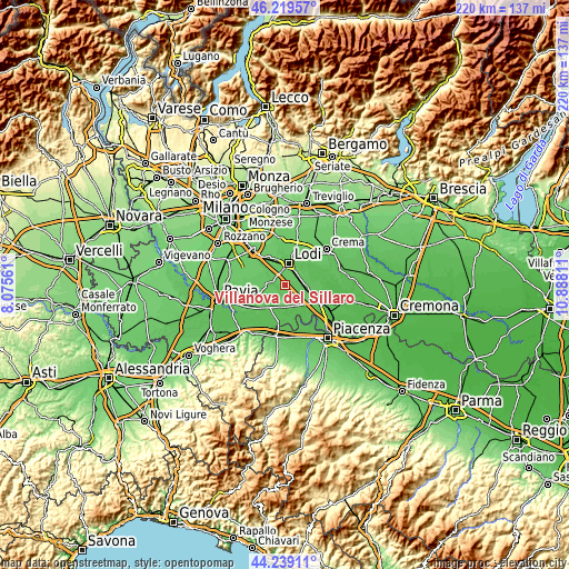 Topographic map of Villanova del Sillaro