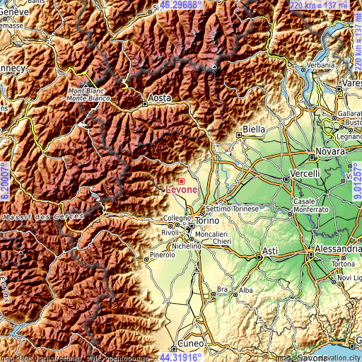 Topographic map of Levone