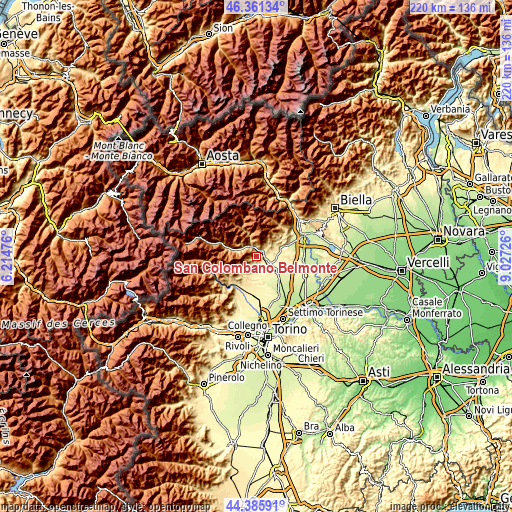 Topographic map of San Colombano Belmonte