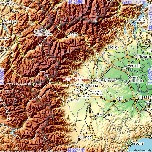 Topographic map of Vallo Torinese