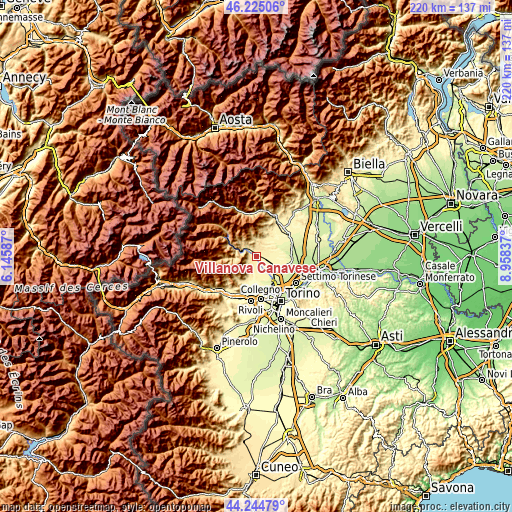 Topographic map of Villanova Canavese