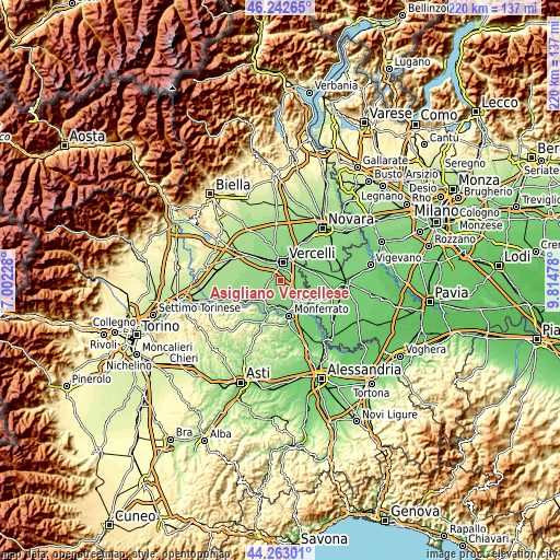 Topographic map of Asigliano Vercellese
