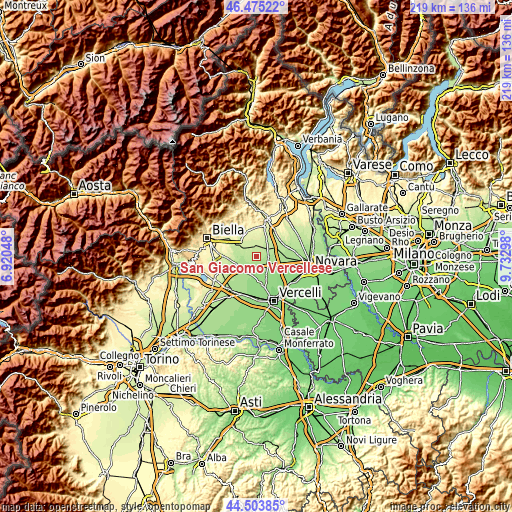 Topographic map of San Giacomo Vercellese