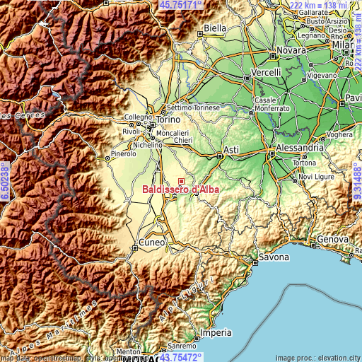 Topographic map of Baldissero d'Alba