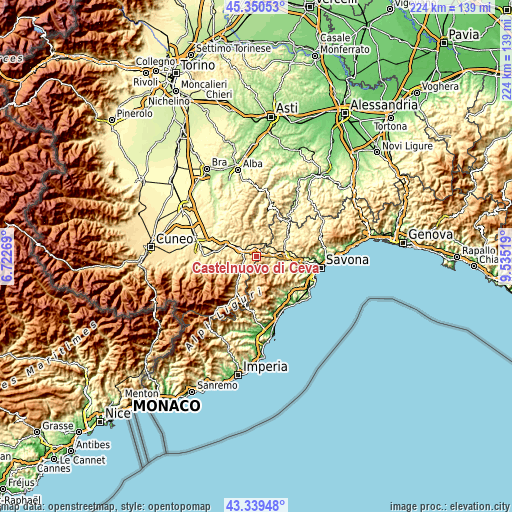 Topographic map of Castelnuovo di Ceva