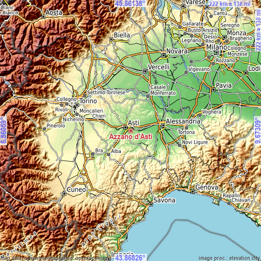 Topographic map of Azzano d'Asti