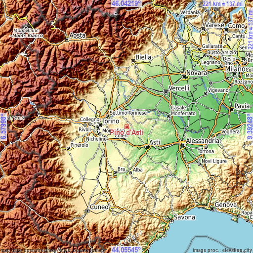 Topographic map of Pino d'Asti