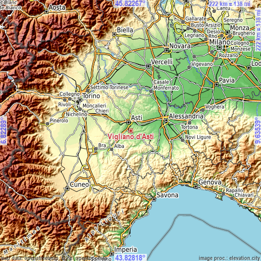 Topographic map of Vigliano d'Asti