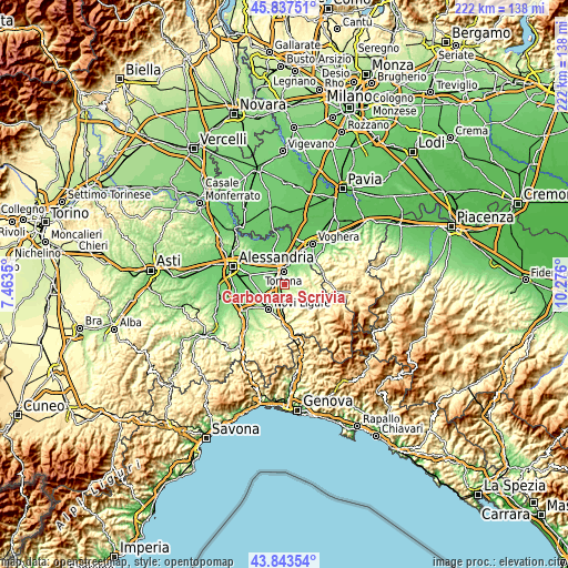 Topographic map of Carbonara Scrivia