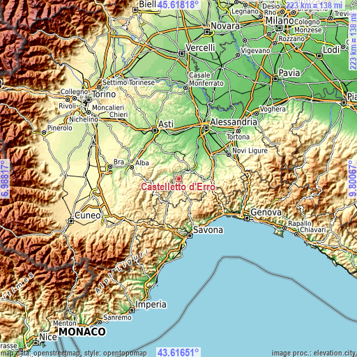 Topographic map of Castelletto d'Erro