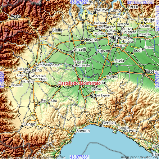Topographic map of Castelletto Monferrato