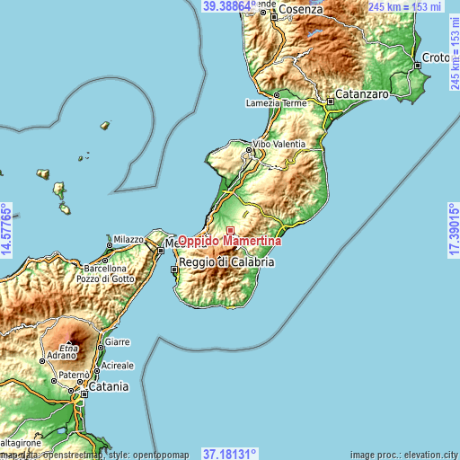 Topographic map of Oppido Mamertina