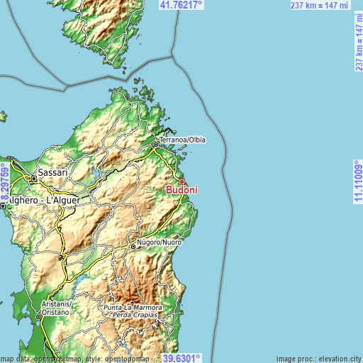 Topographic map of Budoni