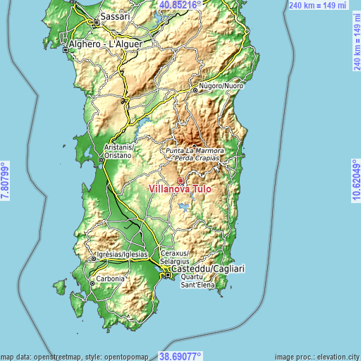 Topographic map of Villanova Tulo