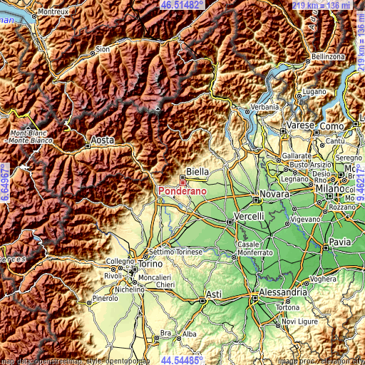 Topographic map of Ponderano