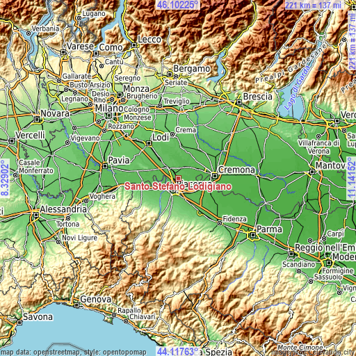 Topographic map of Santo Stefano Lodigiano