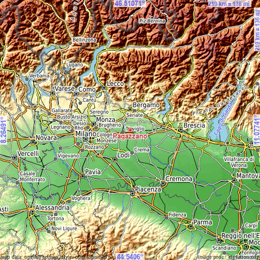 Topographic map of Pagazzano