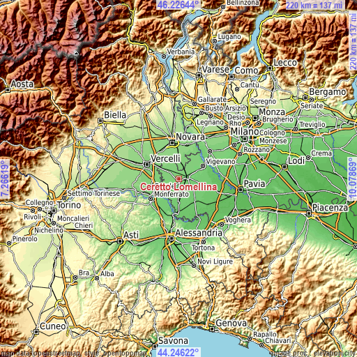 Topographic map of Ceretto Lomellina