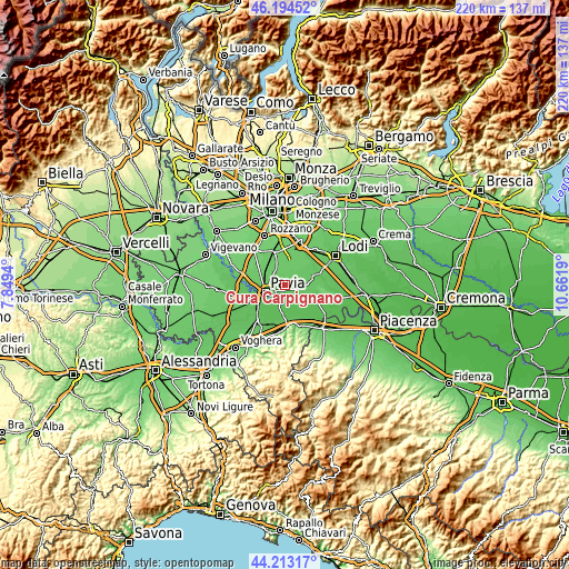 Topographic map of Cura Carpignano