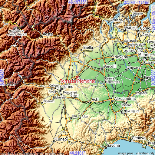 Topographic map of Torrazza Piemonte