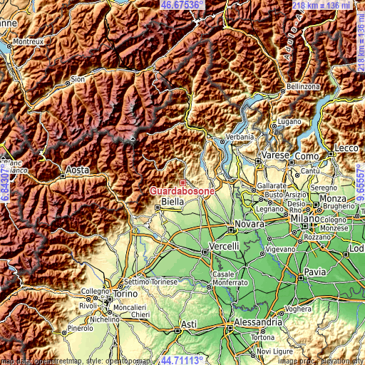 Topographic map of Guardabosone