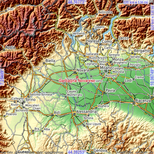 Topographic map of Garbagna Novarese