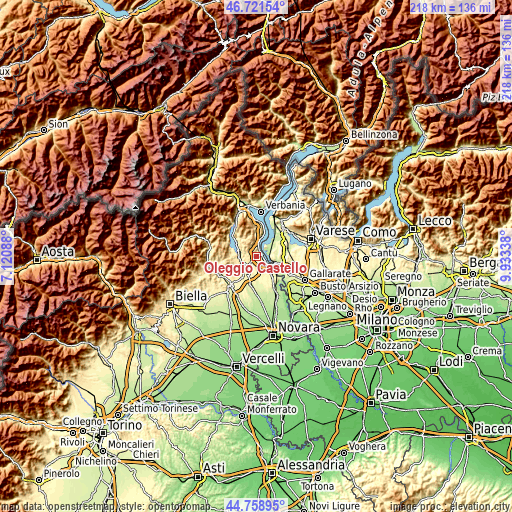 Topographic map of Oleggio Castello