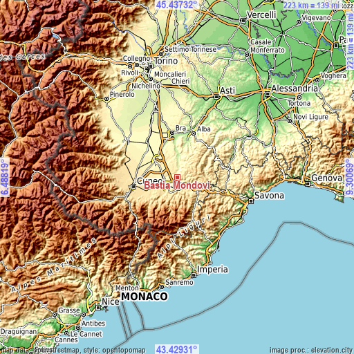 Topographic map of Bastia Mondovì