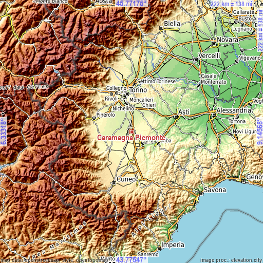 Topographic map of Caramagna Piemonte