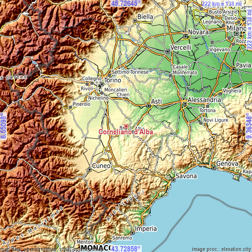 Topographic map of Corneliano d'Alba