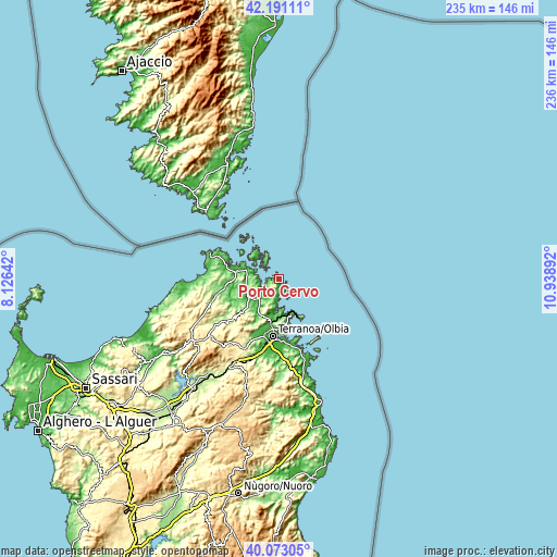 Topographic map of Porto Cervo