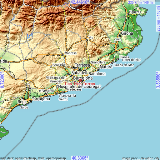 Topographic map of Las Tres Torres