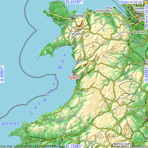 Topographic map of Tywyn