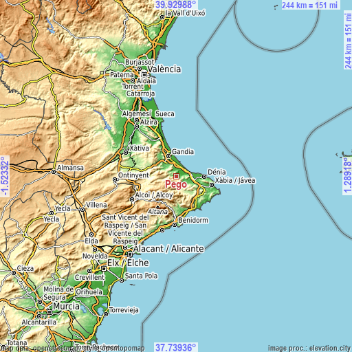 Topographic map of Pego