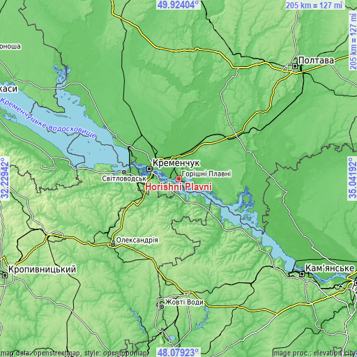 Topographic map of Horishni Plavni