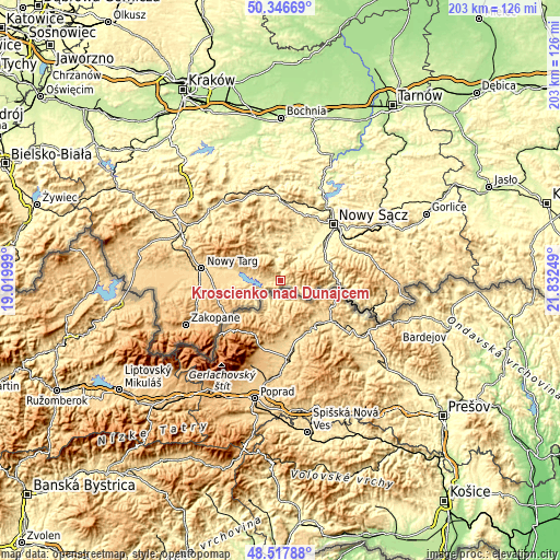 Topographic map of Krościenko nad Dunajcem