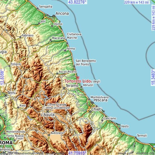 Topographic map of Tortoreto Lido