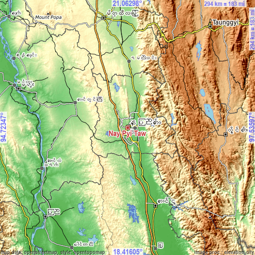 Topographic map of Nay Pyi Taw