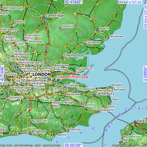 Topographic map of Westcliff-on-Sea