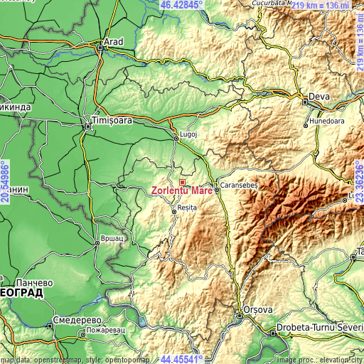 Topographic map of Zorlenţu Mare