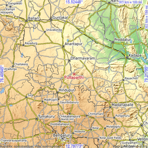 Topographic map of Puttaparthi