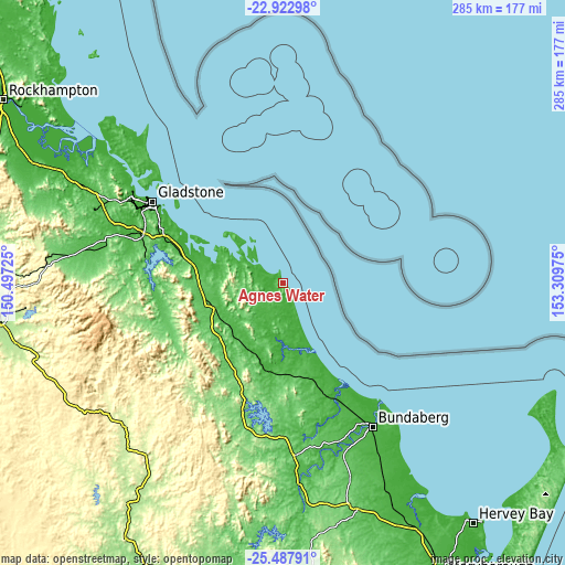 Topographic map of Agnes Water