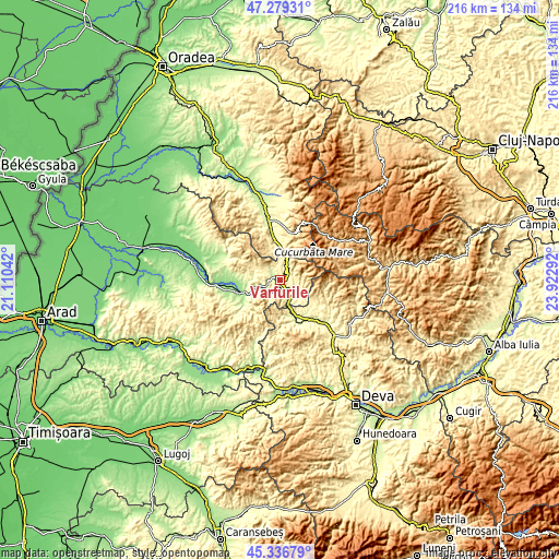 Topographic map of Vârfurile